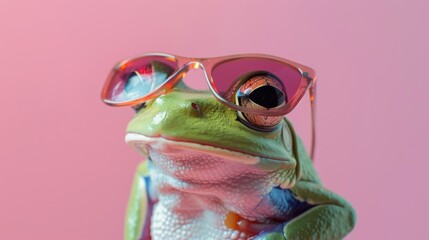 Obraz premium A stylish frog wearing glasses on pink background. Animal wearing sunglasses