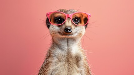 Obraz premium A stylish meerkat wearing glasses on pink background. Animal wearing sunglasses
