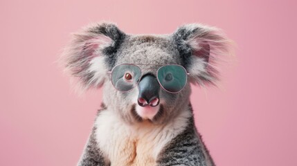 Fototapeta premium A stylish koala wearing glasses on pink background. Animal wearing sunglasses