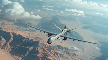 Naklejka premium A military drone flies over a desert landscape
