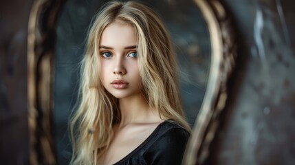 Obraz premium A serious-looking woman with long blonde hair stands before a mirror, gazing at her reflection and the camera