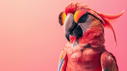 A stylish parrot wearing glasses on pink background. Animal wearing sunglasses