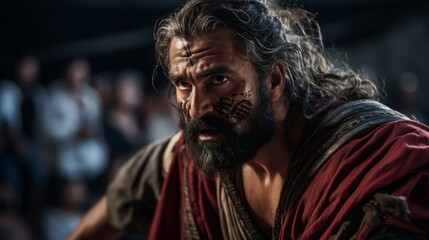 Toga-clad warrior in sparring match robe mirroring intensity of combat skills