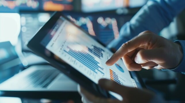 A person using a tablet to track and analyze market trends and financial data, highlighting the importance of technology in business decision-making.