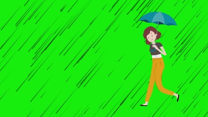 2d animated character of A young girl with red hair and orange pants and blue bangs in her right hand is walking home on a rainy day.