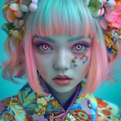 Obraz premium Una chica harajuku muy misteriosa, con ojos de color rosado