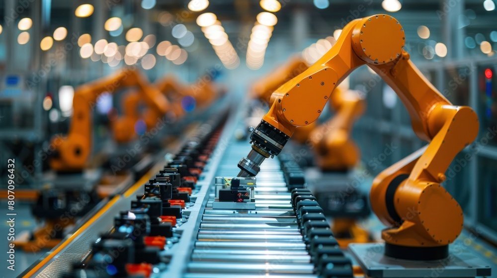 Poster close up of a robotic hand factory in an industrial factory of machines with artificial intelligence