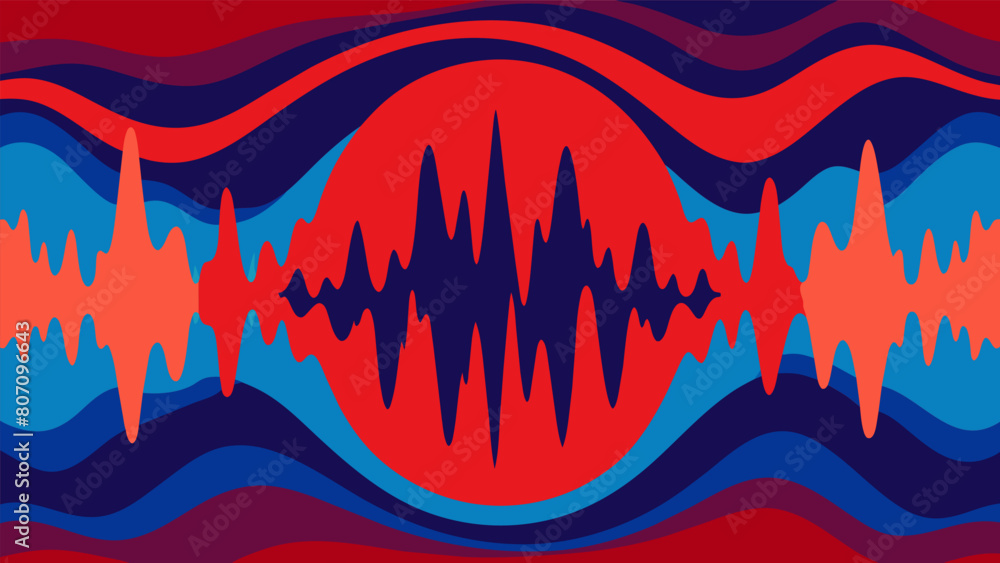Aufkleber an abstract painting featuring distorted sound waves in shades of red and blue representing the chao
