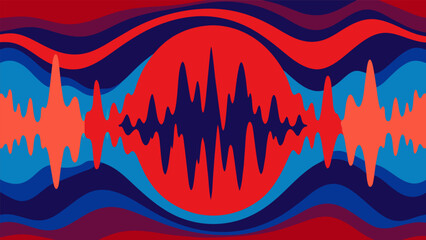An abstract painting featuring distorted sound waves in shades of red and blue representing the chaotic and conflicting thoughts of anxiety..
