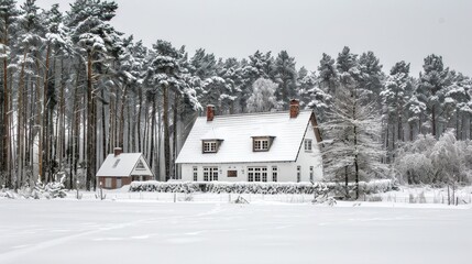   A house stands solitarily in a snow-filled field Trees line the opposite side
