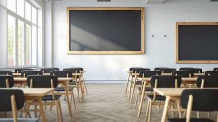 Interior of a classroom, school or university with a large chalkboard. Back to school concept