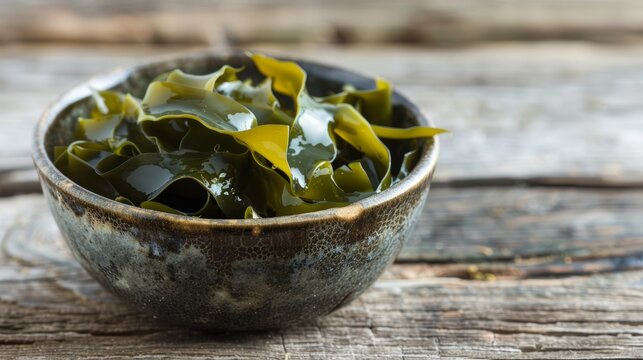 Laminaria seaweed in a bowl on wood background