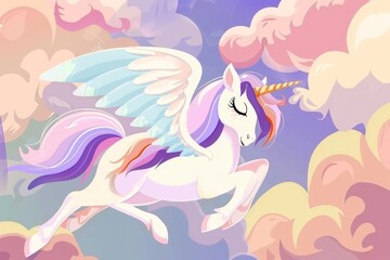 Obraz premium Beautiful unicorn on clouds with stars illustration, Children's drawings, Illustrations for banners, children's books, magazines