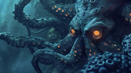 Enigmatic Deep Sea Monster with Tentacles Underwater