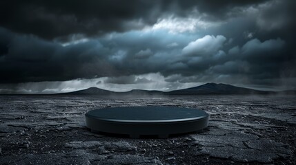   A monochrome image of a circular object situated in a desolate expanse, flanked by barren lands and towering mountains behind