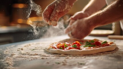 A pizzeria chef stretching pizza dough on a floured surface, skillfully shaping it into a round base for a classic Neapolitan-style pizza.