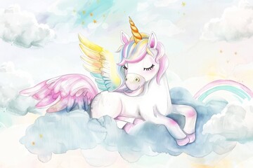 Beautiful unicorn on clouds with stars illustration, Children's drawings, Illustrations for banners, children's books, magazines