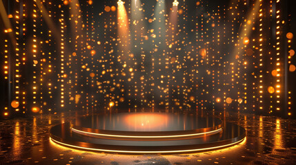 3D illustraion of podium with golden lights in black background 
