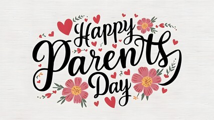 Greeting card, banner or poster for happy Parents day with text inscription. Calligraphy text with hearts and flowers on white background. Brush lettering