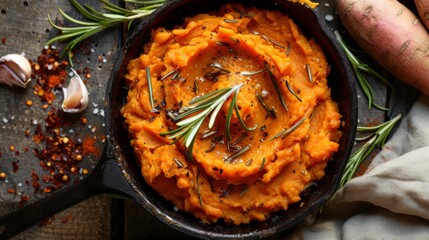 Spicy mashed sweet potato with rosemary in a saucepan on a table