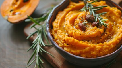Spicy mashed sweet potato with rosemary in a saucepan on a table