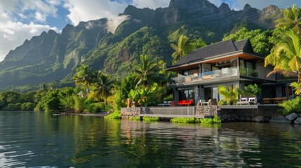 Fototapeta premium A plush waterfront villa set against a backdrop of lush greenery and towering mountains.