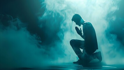 Man kneeling in prayer symbolizing faith devotion and religious practices. Concept Faith, Prayer, Devotion, Religious Practices