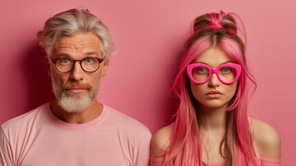 Obraz premium A man and a woman, each sporting pink hair and wearing eyeglasses, pose for a photo against a pink backdrop