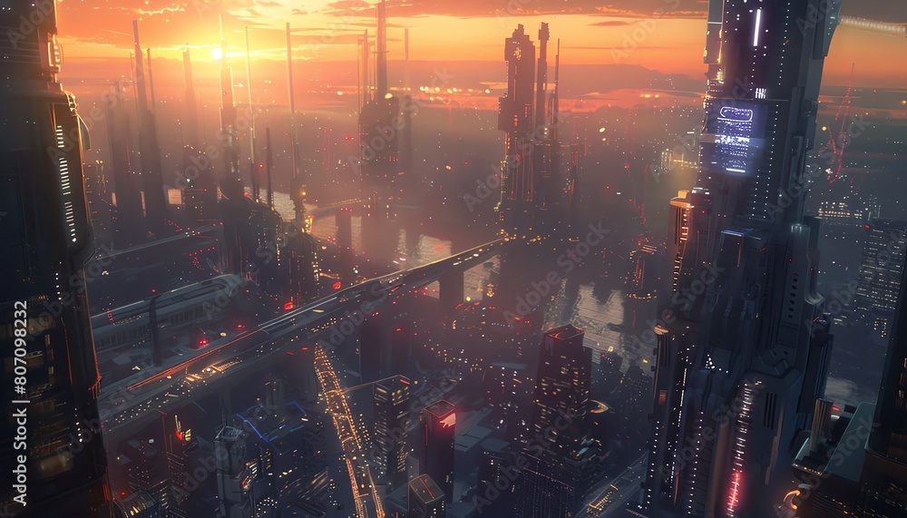 Aufkleber capture a wide-angle view of a futuristic cityscape blending advanced technologies with avant-garde 