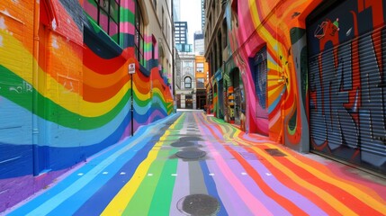 A rainbow-colored street art mural decorating a city alleyway, adding vibrancy and culture to the...