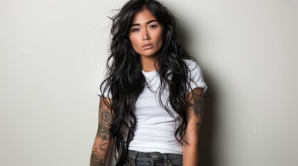 Fototapeta premium A woman with long black hair and tattoos adorns her arms Leaning casually against a wall, she rests a hand on her hip