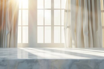  Empty marble desk in front of window light and white curtains. Home interior with table countertop. Product placement display in luxury house. 