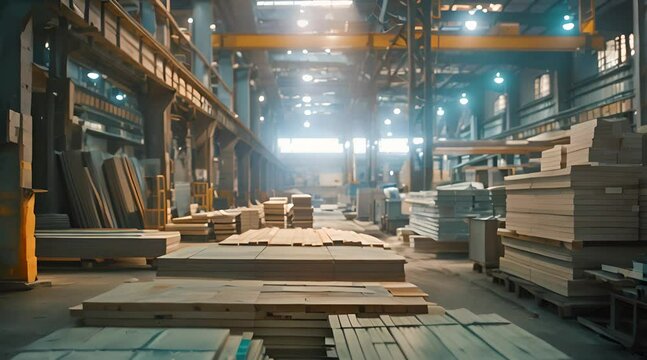 Production of building materials at the factory. Smooth camera movement forward AI