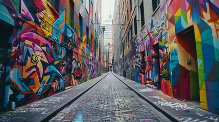 Fototapeta premium A rainbow-colored street art mural decorating a city alleyway, adding vibrancy and culture to the urban landscape.
