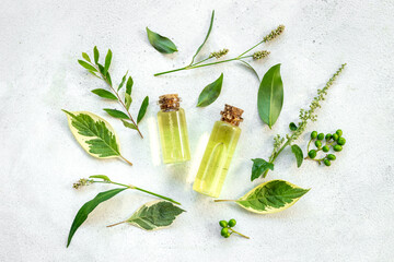 Bottles with essential oil and green fresh herbs, top view