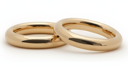   Two gold rings arranged atop a white surface against a pristine white backdrop