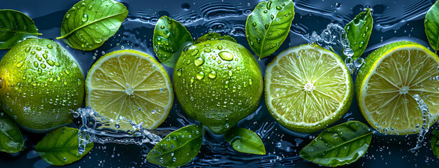 Wide panoramic fruit juice cafe background photo with real set of lime pieces exploding with water...