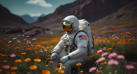 Beautiful astronaut sitting in in a field of flowers on a different planet.