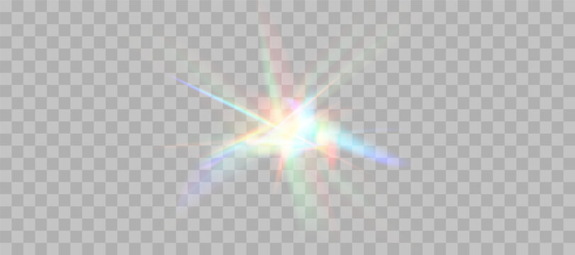 Refraction overlay effect, blurred rainbow. Light lens prism effect on transparent background. Holographic reflection, crystal flare leak shadow overlay. Vector abstract illustration.