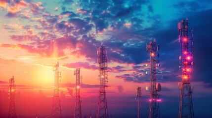 A row of tall telephone signal towers against a colorful sunset sky, symbolizing connectivity and communication in the digital age.