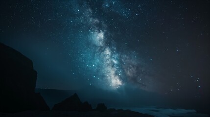 Starry night galaxy night sky full of stars above rocky beach ocean seaside mountain range - Powered by Adobe