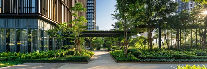 Contemporary designed urban garden offers a peaceful green space amidst residential high-rise buildings, perfect for relaxation