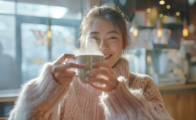 Cozy coffee shop, taking a selfie with their coffee cup. 