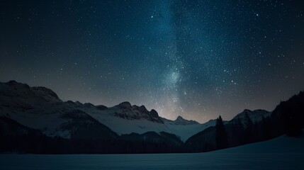 Starry night galaxy night sky full of stars above winter mountain range forest snow ground - Powered by Adobe
