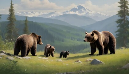 A mountain landscape with a family of bears roamin
