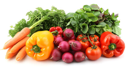 assortment of colorful fresh vegetables, including orange carrots, red and yellow peppers, and a green leaf, arranged on a isolated background