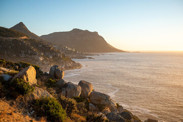 Sunset on the rocky coastline of South Africa 
