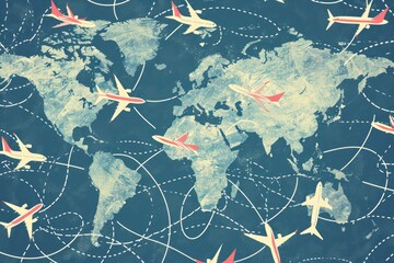 Watercolor drawn seamless airplanes routes over globe earth, concept of travel around the world	
