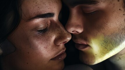Couple faces each other head against head eye closed nose against nose Caucasian male and female about to kiss