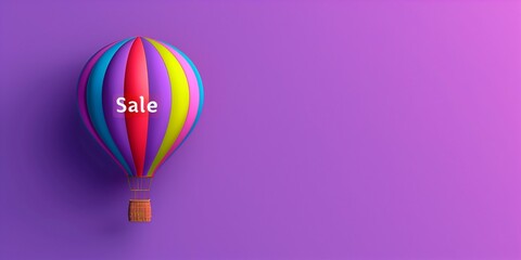 Colorful air balloon with note "Sale" on vivid violet background. Banner with copy space.